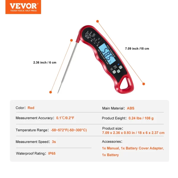 VEVOR Grillers Instant Read Meat Thermometer for Grill and Cooking, Best Waterproof Ultra Fast Thermometer with Backlight & Calibration, Digital Food Probe for Kitchen, Outdoor Grilling and BBQ - Image 6