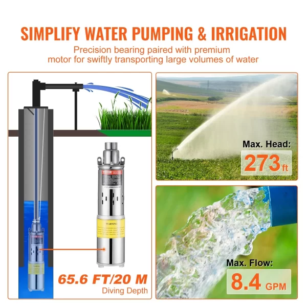 VEVOR Solar Water Pump, 48V DC 369W Submersible Deep Well Pump, Max Flow 8.4 GPM, Max Head 273 ft, Max Submersion 65.6 ft, Solar Powered Water Pump for Well, Farm Ranch Irrigation, Livestock Drinking - Image 2