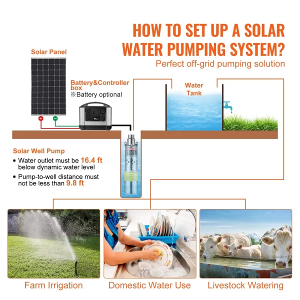 VEVOR Solar Water Pump, 48V DC 369W Submersible Deep Well Pump, Max Flow 8.4 GPM, Max Head 273 ft, Max Submersion 65.6 ft, Solar Powered Water Pump for Well, Farm Ranch Irrigation, Livestock Drinking - Image 5