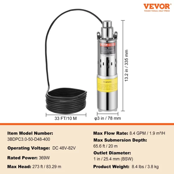 VEVOR Solar Water Pump, 48V DC 369W Submersible Deep Well Pump, Max Flow 8.4 GPM, Max Head 273 ft, Max Submersion 65.6 ft, Solar Powered Water Pump for Well, Farm Ranch Irrigation, Livestock Drinking - Image 6