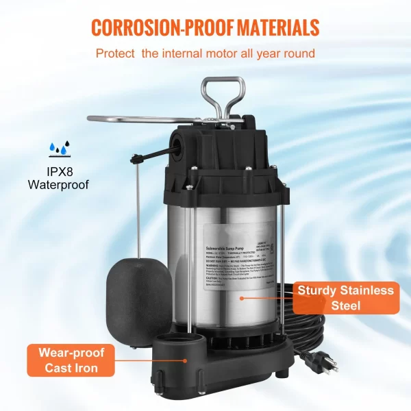 VEVOR Submersible Sump Pump Water Pump 1/2 HP 4320GPH Cast Iron Steel Basement - Image 25