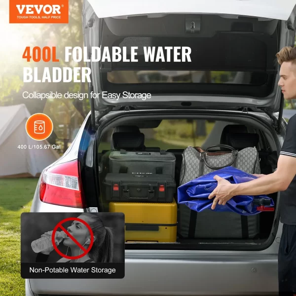 VEVOR 400L/105.7 Gallon Water Storage Bladder, RV Water Tank, 1000D Blue PVC Collapsible Water Storage Containers, Large Capacity Soft Water Bag, Portable Water Bladder, Fire Prevention, Camping