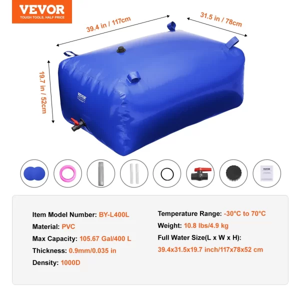 VEVOR 400L/105.7 Gallon Water Storage Bladder, RV Water Tank, 1000D Blue PVC Collapsible Water Storage Containers, Large Capacity Soft Water Bag, Portable Water Bladder, Fire Prevention, Camping - Image 6