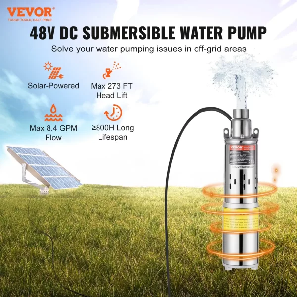 VEVOR Solar Water Pump, 48V DC 369W Submersible Deep Well Pump, Max Flow 8.4 GPM, Max Head 273 ft, Max Submersion 65.6 ft, Solar Powered Water Pump for Well, Farm Ranch Irrigation, Livestock Drinking - Image 11