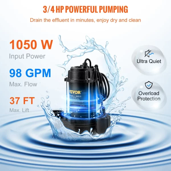 VEVOR Submersible Sewage Pump Water Pump 3/4 HP 5880GPH Cast Iron with Float - Image 43