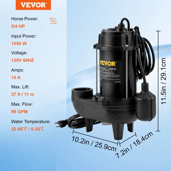 VEVOR Submersible Sewage Pump Water Pump 3/4 HP 5880GPH Cast Iron with Float - Image 47