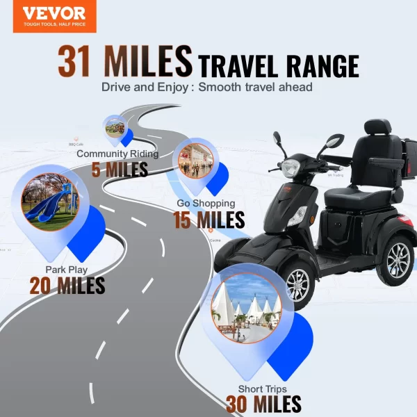 VEVOR Heavy Duty 4-Wheel Mobility Scooters for Seniors & Adults 500lbs Capacity - 31 Miles 3-Speed Long Range, 800W All Terrain Electric Recreational Scooter Wheelchair with 25 Max Climbing Capacity
