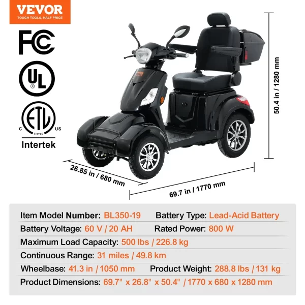 VEVOR Heavy Duty 4-Wheel Mobility Scooters for Seniors & Adults 500lbs Capacity - 31 Miles 3-Speed Long Range, 800W All Terrain Electric Recreational Scooter Wheelchair with 25 Max Climbing Capacity - Image 6