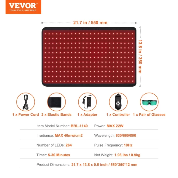 VEVOR Red Light Therapy for Body, 264 LEDs Light Therapy Pad with Controller, 10Hz Pulse, 5-30 Min Timer, 630nm Nano Red & 660nm Red & 850nm Light Therapy for Pain Relief, Skin Health - Image 6