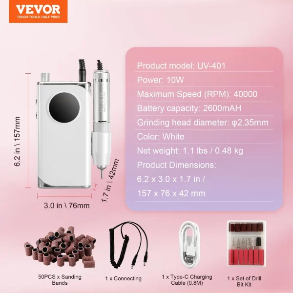 VEVOR Electric Rechargeable Nail Drill, 40,000RPM Portable Cordless Nail E File Machine, LCD-Display Acrylic Gel Grinder Tool with 6 Bits and 50PCS Sanding Bands for Manicure Pedicure Carve Polish - Image 16